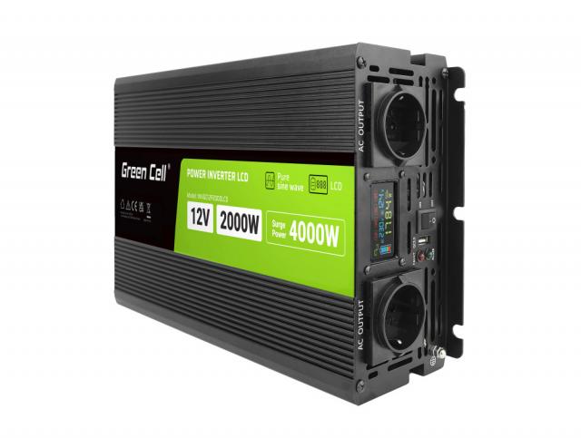 Инвертор GREEN CELL, 12/220V, DC/AC, 2000W/4000W, INVGCP2000LCD  LCD Чиста синусоида 