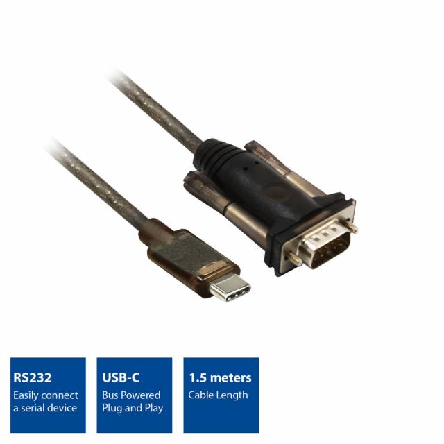 Конвертор ACT AC6002, USB-C мъжко - RS232 мъжко, 9 pin, 1.5 м, Черен 