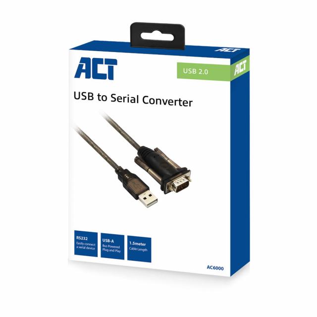 Кабел конвертор ACT Ewent AC6000, USB-A мъжко - Сериен порт D-sub 9-pin мъжко, 1.5 м, Черен 