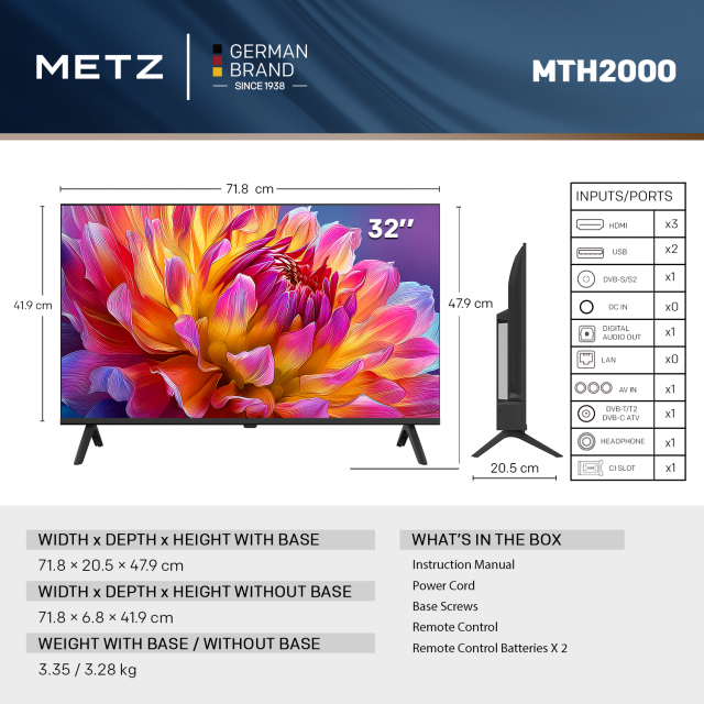 METZ Телевизор 32" DLED HD Ready 1366x768, 2x8W 