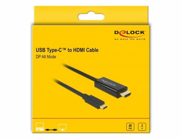 Кабел Delock, USB-C мъжко - HDMI мъжко, 2.0 m, 4K 30 Hz, 2 m, Черен 