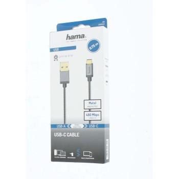 Кабел HAMA, USB-C мъжко - USB-A мъжко, 0.75 м., 5 звезди, 480Mbit/s, Черен 