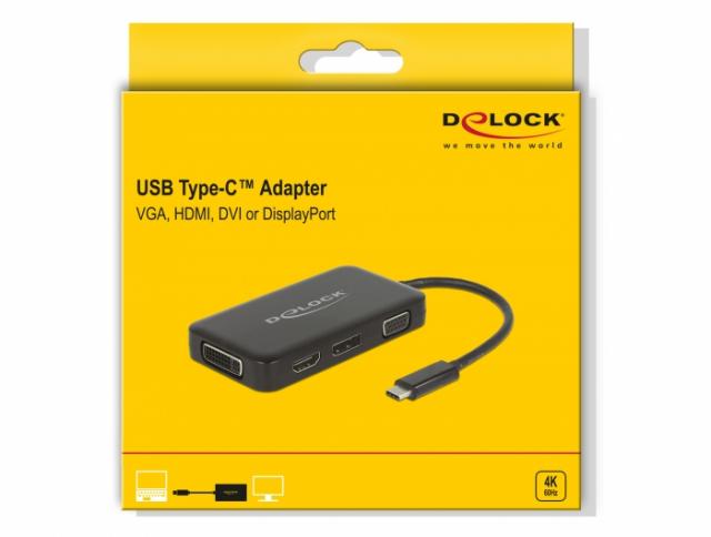 Адаптер 4 в 1 Delock 63929 USB-C мъжко - VGA / DVI / DP / HDMI женско, Черен 