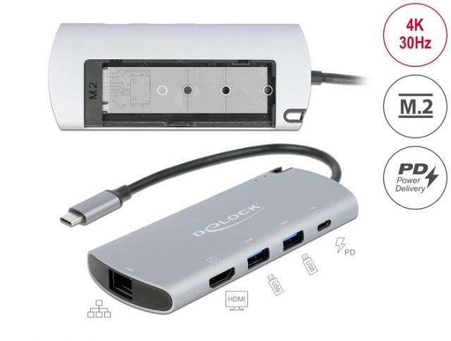 Докинг станция Delock USB-C, M.2 слот за SSD, HDMI, Gigabit LAN, 2xUSB-A, USB-C, Сива 