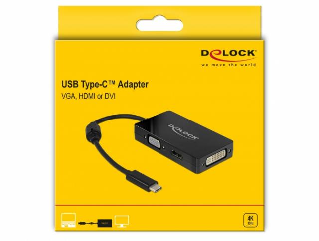 Адаптер 3 в 1 Delock 63925 USB-C мъжко - VGA DVI HDMI женско, Черен 