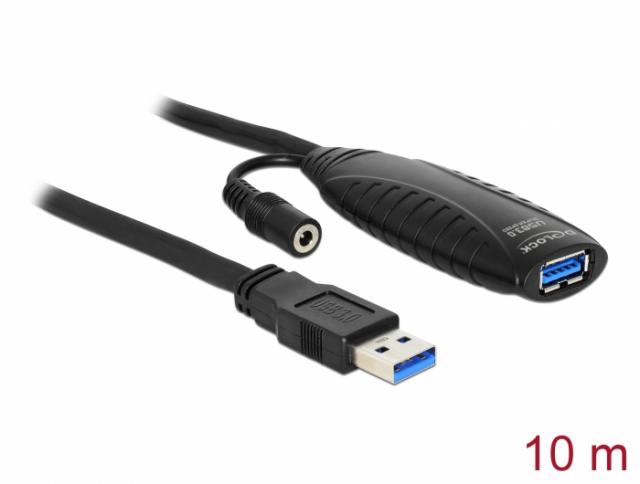 Удължителен кабел DeLock, Активен, USB-A мъжко - USB-A женско, USB 3.0, 10 м 