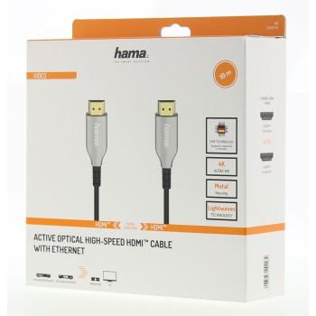 Оптичен активен кабел HAMA Optical, HDMI мъжко - HDMI мъжко, Ethernet, 4K, 10м, Позл.конектори, Черен 