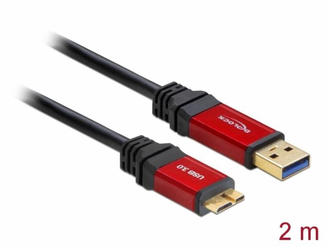 Кабел Delock  USB-A мъжко - USB Micro-B мъжко, 2 м, Premium, Екраниран, Черен 