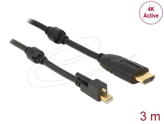 Delock Cable mini DisplayPort 1.2 male with screw > HDMI male 4K Active black 3 m 