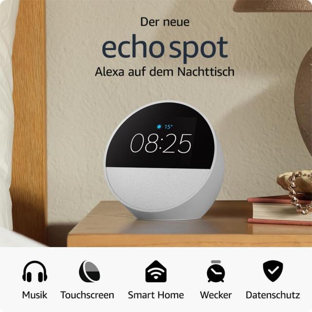 All-new Echo Spot (2024 release), Smart alarm clock with vibrant sound + Alexa, Glacier White 