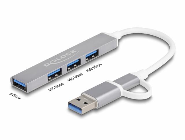 Delock 4 Port Slim USB Hub with USB-C or USB-A to 3 x USB-A 2.0 female + 1 x USB-A 5 Gbps female 