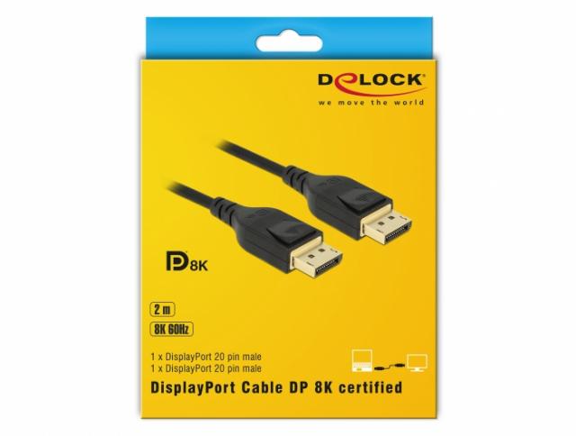 Кабел Delock  DisplayPort мъжко - DisplayPort мъжко, 2.0м, 8K 60 Hz, Черен 