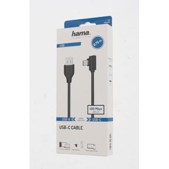 Кабел HAMA USB-C мъжко- USB A, 90°, 0.75 м, USB 2.0, 480Mbit/s, Черен 