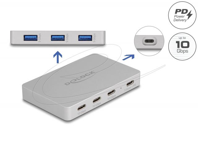 Delock Hub USB-C, 7 ports, 3x USB-A 5 Gbps,  3x USB-C, 1xUSB-C PD 85 W 