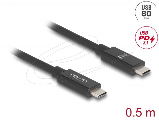 Delock Кабел E-Marker USB-C, 80 Gbps, 16K 60 Hz, PD 3.1 240 W, 0.5 m, черен 