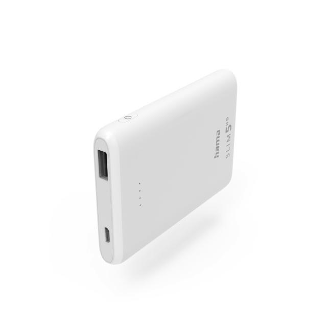 Външна батерия HAMA SLIM 5HD, 5000 mAh, USB-A, Бял 