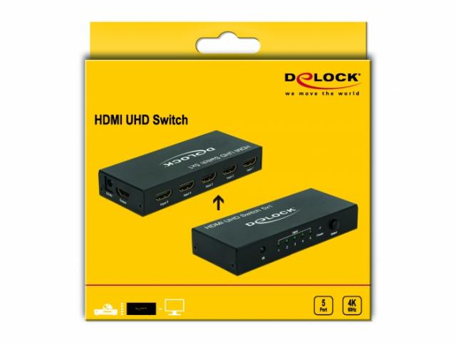 5 портов HDMI суич Delock  4K@60Hz, Дистанционно, Черен 