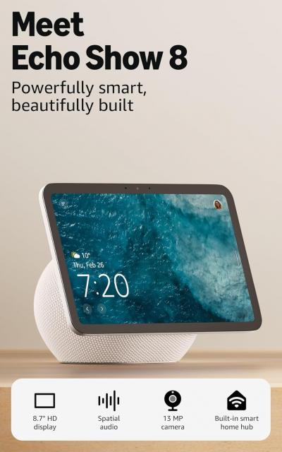 Amazon Echo Show 8, Vibrant HD 8.7" display with spatial audio and Alexa, Glacier White 