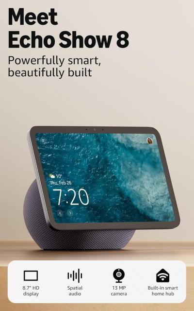 Amazon Echo Show 8 (newest gen), Vibrant HD 8.7" display with spatial audio and Alexa, Graphite 
