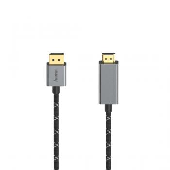 Кабел HAMA, DisplayPort мъжко - HDMI мъжко, Ultra-HD, 4K@60 Hz, 1.5м, Алуминий, Позлатени конектори, Черен