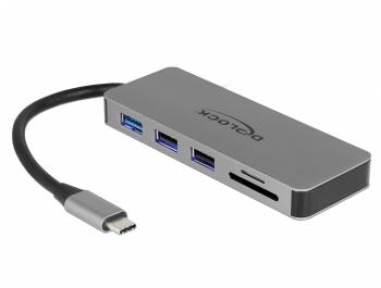 Докинг станция Delock, USB-A, USB-C, HDMI, SD, Micro SD, PD, 4K, Подсветка, Сива