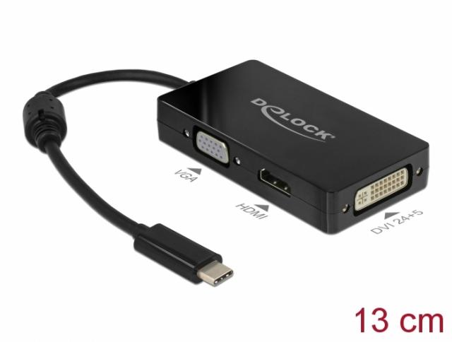 Адаптер 3 в 1 Delock 63925 USB-C мъжко - VGA DVI HDMI женско, Черен 