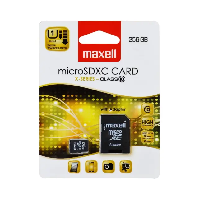 Memory card  Maxell micro SDXC, 256GB read up 80Mb/s, write up 20Mb/s 