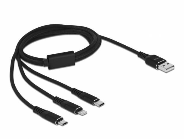 Кабел за зареждане Delock  3 в 1, USB - Lightning Micro USB- USB-C, 1м, Черен 