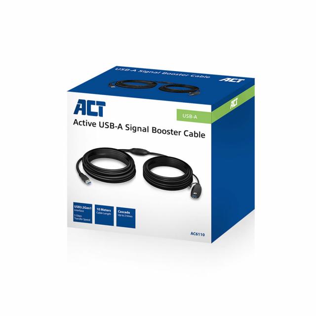 Кабел ACT AC6110, USB-A мъжко - женско, 10 м 