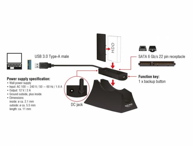 Delock SuperSpeed USB 5 Gbps Docking Station for 1 x 2.5″ / 3.5″ SATA HDD / SSD with backup function 