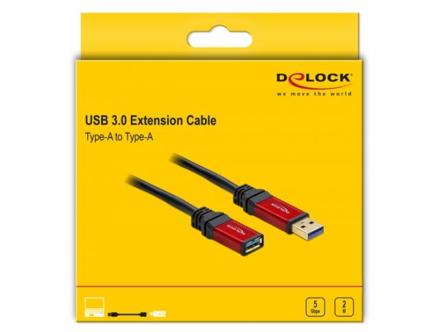 Удължителен кабел Delock USB-A мъжко - USB-А женско, 2 м, Premium, Екраниран, Черен 