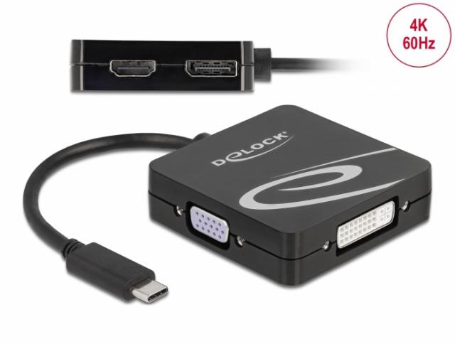 Адаптер 4 в 1 Delock 63129 USB-C мъжко - VGA / DVI / DP / HDMI женско, Черен 