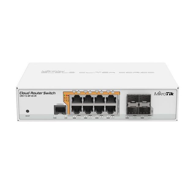 Суич MikroTik CRS112-8P-4S-IN, 8 x Gigabit Ethernet ports, 10/100/1000Mbps, 4 x SFP 