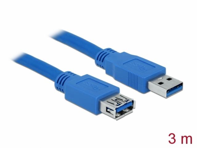 Удължителен кабел Delock USB-A мъжко - USB-А женско, 3 м, Екраниран, Син 