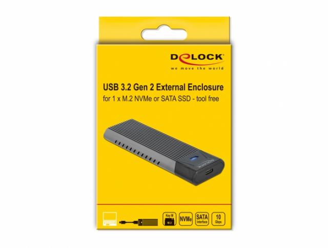 Delock External USB Type-C™ Combo Enclosure for M.2 NVMe PCIe or SATA SSD - tool free 