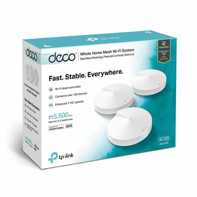 Безжичен рутер TP-Link Deco M5, AC1300, 2.4/5 GHz, 400 -  867 Mbps, Gigabit, (3-pack) 