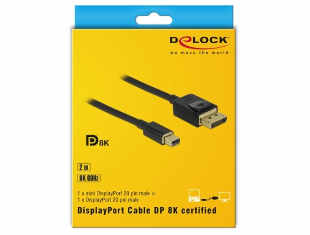 Кабел Delock Mini DisplayPort мъжко - DisplayPort мъжко, 2.0м, 8K 60 Hz, Черен 