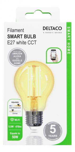 DELTACO SMART HOME LED filament lamp, E27, WiFI 2.4GHz, 5.5W, 470lm, dimmable, 1800K-6500K, 220-240V, white 