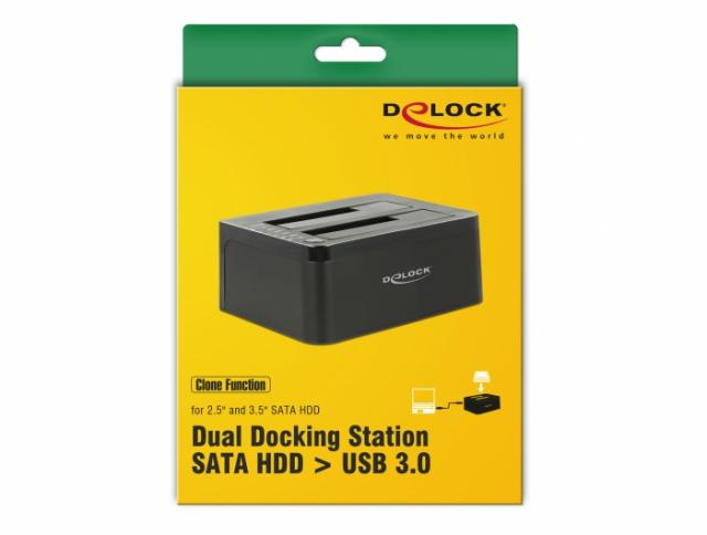 Външна докинг станция Delock 62661, за 2.5"/3.5" HDD/SSD, USB 3.0, Функция за клониране, Черен 