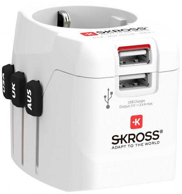 Адаптер SKROSS PRO Light, 2 x USB-A, World, Бял 