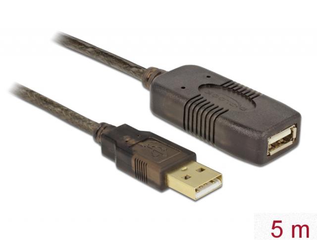 Удължителен кабел DeLock, USB-A мъжко - USB-A женско, USB 2.0, 5 м, Черен 