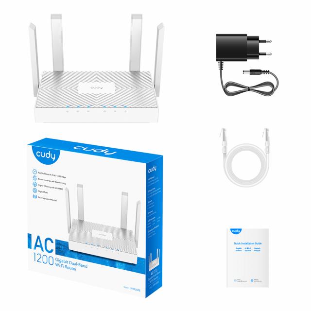 Wireless Router CUDY WR1300E, Dual-band AC1200, 300+867 Mbps, 3xGigabit 