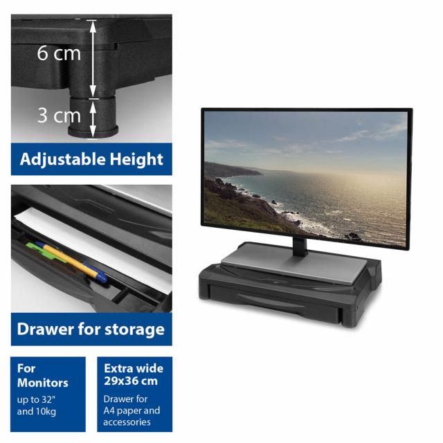 ACT Monitor stand extra wide with drawer, adjustable height 