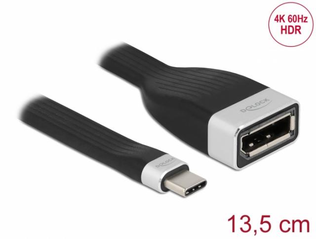 Кабел Delock Flat Ribbon, USB-C мъжко - DisplayPort женско, 4K 60 Hz, 13.5 cm 