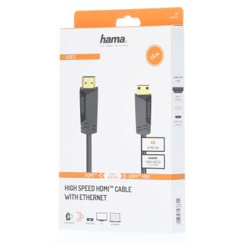 Кабел HAMA, HDMI мъжко - mini HDMI мъжко, 1.5 м, Позл.конектори, Черен 