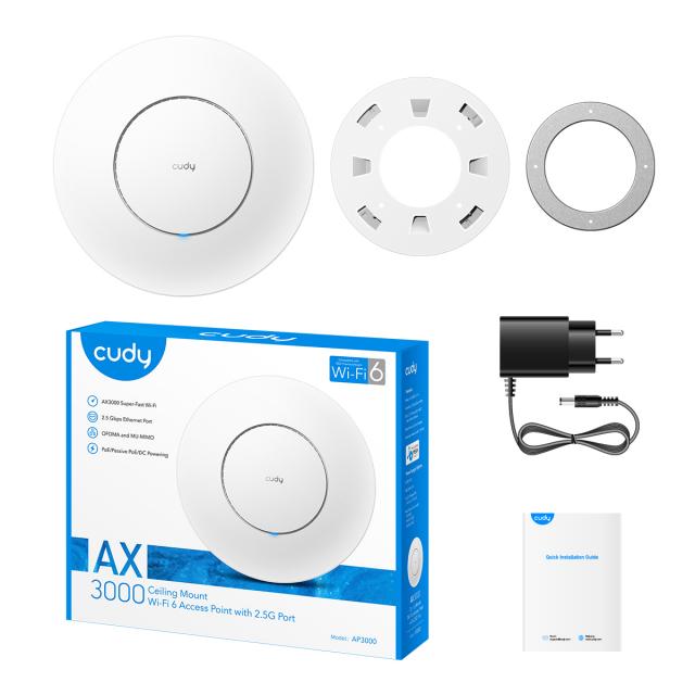 Access Point Cudy AP3000, AX3000, 2.4/5 GHz, 571 - 2402 Mbps, 1× 2.5 Gbps, DC Adapter 