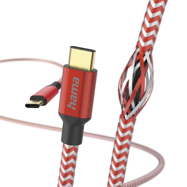 Кабел HAMA Reflective, USB-C мъжко - USB-C мъжко, 1.5 м., Червен 