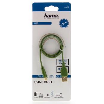 Кабел Hama Flexi-Slim USB-C - USB-A 2.0 мъжко, 0.75м, Зелен 