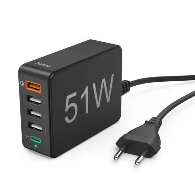 Мрежово зарядно HAMA 51 Watt, 5xUSB, QC3.0, 3x USB-A, USB-C PD, Черен 