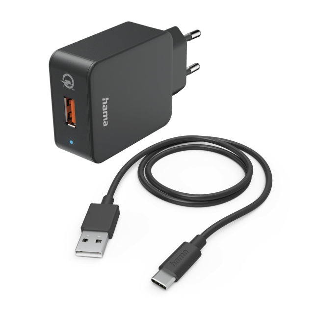 Hama Fast Charger with USB-C Charging Cable, Qualcomm®, 19.5 W, 1.5 m, black 